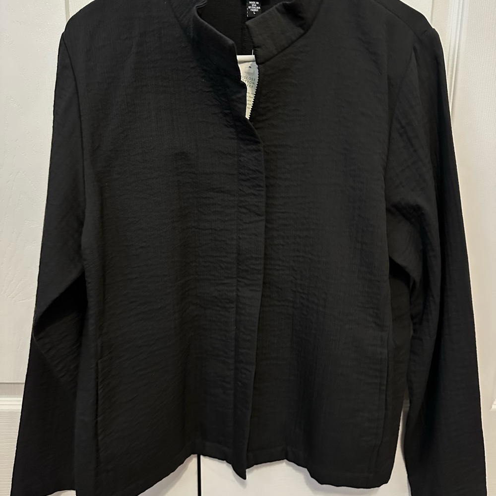 Eileen Fisher Black Boxy Button Down Shirt with Mandarin Collar